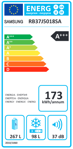 Egy Samsung hűtőszekrény energia címkéje, amely az A+++ energiahatékonysági osztályt és egyéb specifikációkat mutatja.