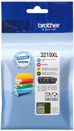 Pack de cartouches d'encre Brother LC3219XL avec livres empilés. Couleurs : cyan, magenta, jaune, noir. Logo Brother en haut.