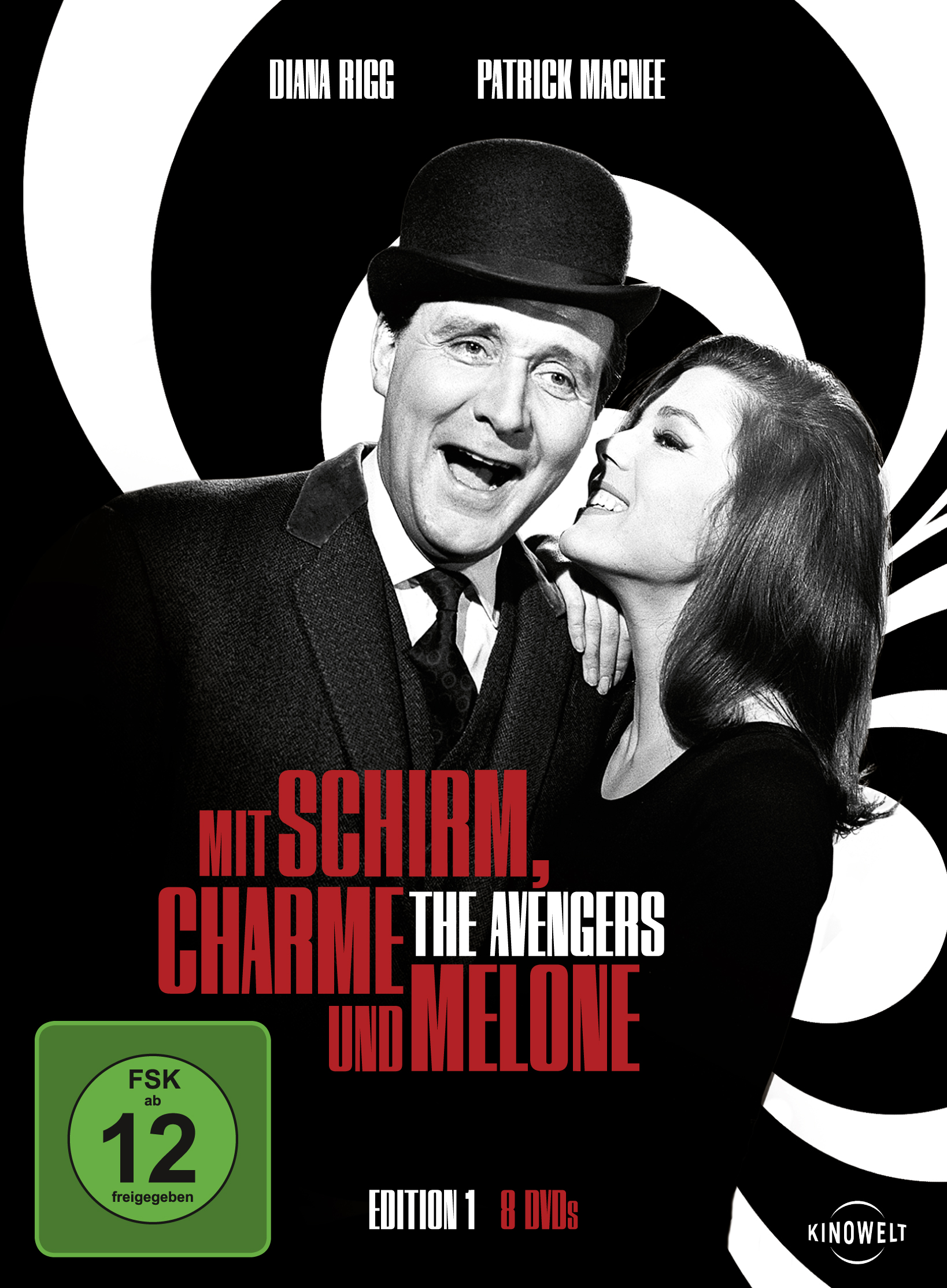 DVD-Hülle mit Diana Rigg und Patrick Macnee, Schwarz-Weiß-Bild. Text in Rot und Weiß.