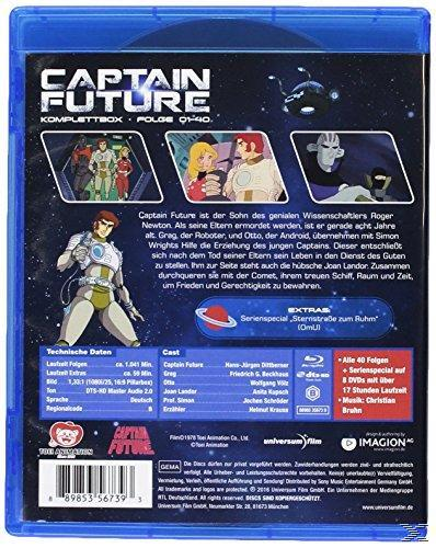 Blu-ray-Disc-Cover: Captain Future, Cartoon-Figuren, Weltraumhintergrund, Text.