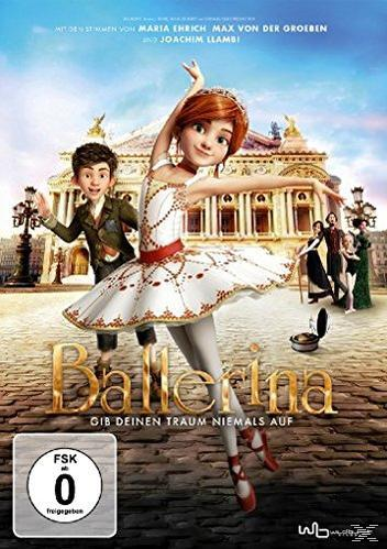 Zeichentrickfilmplakat mit einer Ballerina, einem Jungen und einem Theater im Hintergrund. Text: Ballerina.