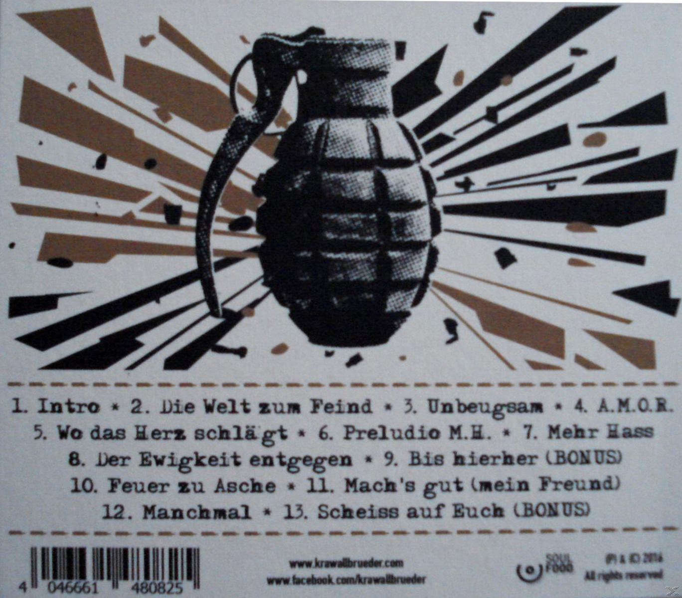 Rückseite der CD-Hülle mit Titelliste und einer Granaten-Grafik mit Text.