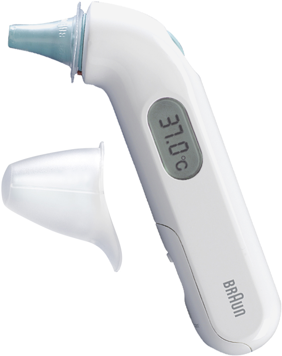 Witte Braun oorthermometer met de dop eraf, toont een digitaal display met 37,0°C.
