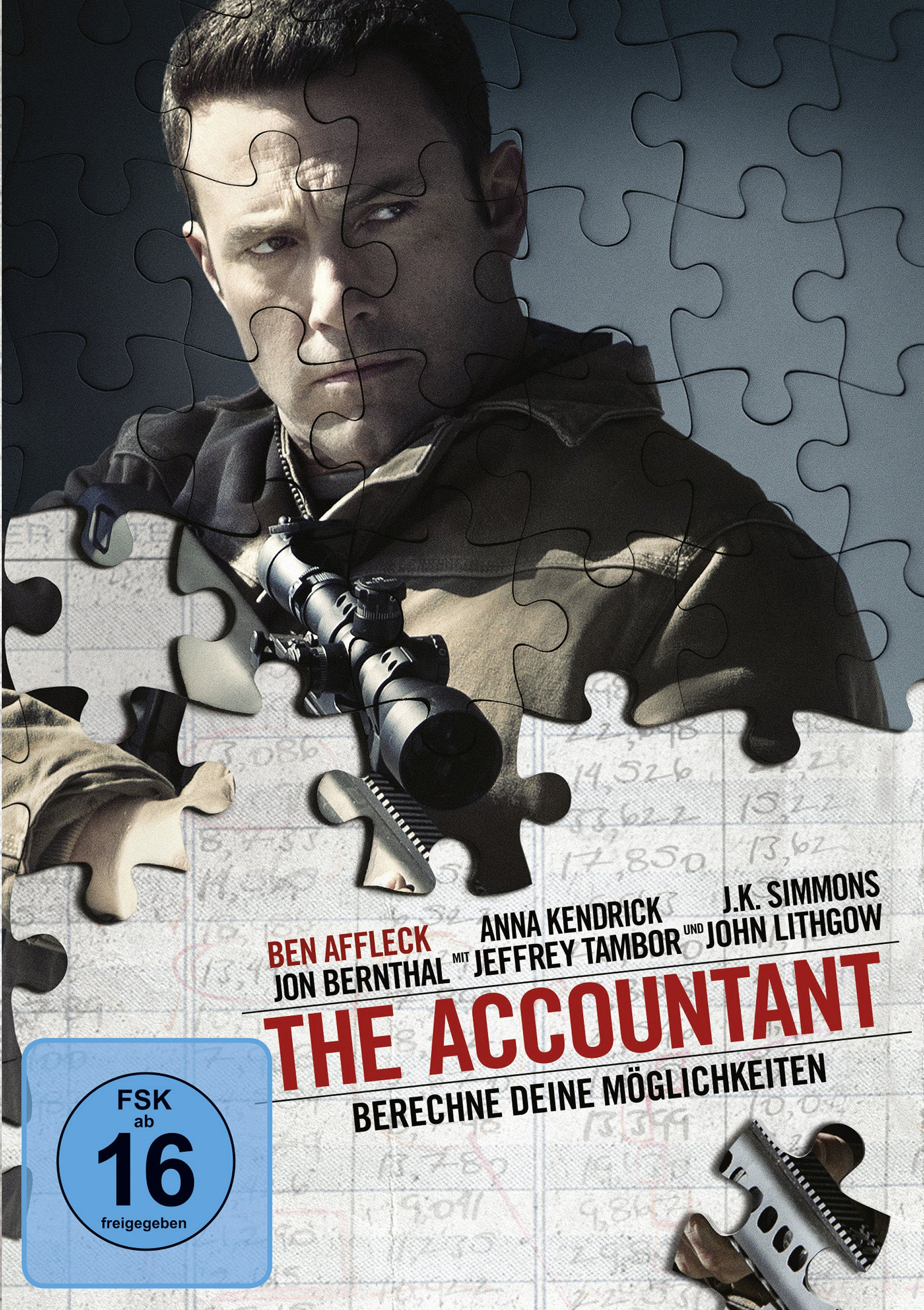 DVD-Cover für The Accountant. Das Gesicht von Ben Affleck ist in einem Puzzleteil-Design, mit anderen Schauspielern.