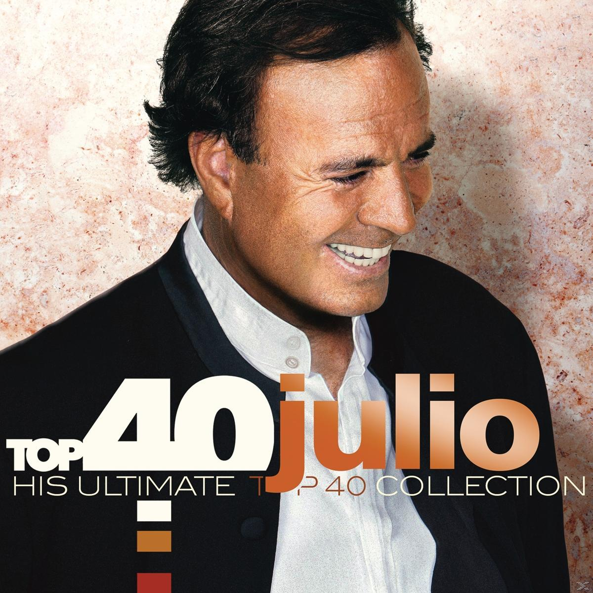 Pochette de l'album de Julio Iglesias, avec le chanteur souriant, titre 'TOP 40 Julio'.