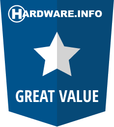 Blauw badge met een witte ster en 'GREAT VALUE' tekst, met het 'HARDWARE.INFO' logo bovenaan.