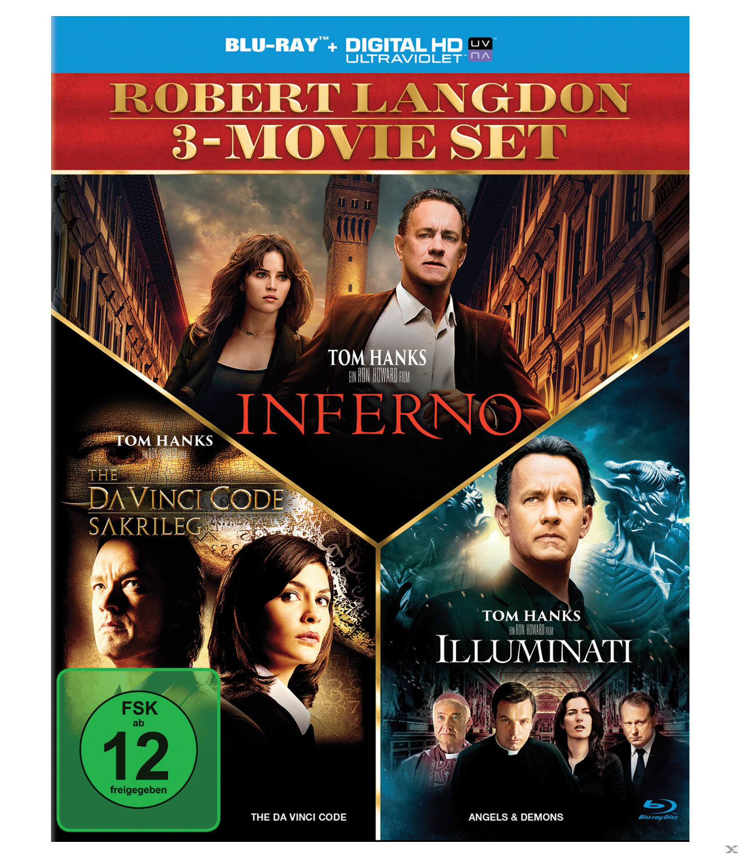 Blu-ray-Set-Cover von Robert-Langdon-Filmen. Mit Tom Hanks und Filmtiteln: Inferno, The Da Vinci Code, Illuminati.