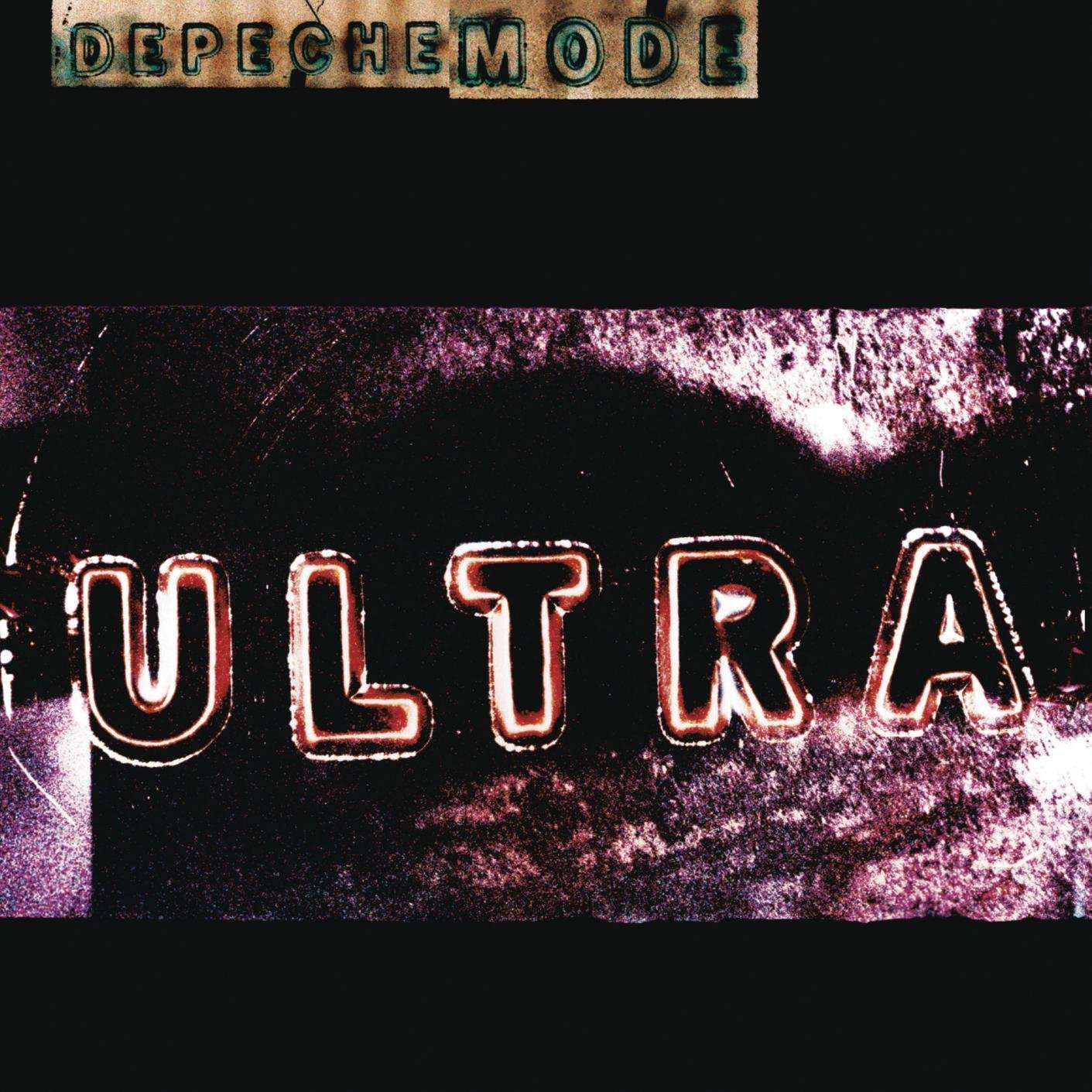 A Depeche Mode "Ultra" album borítója. Fekete háttér nagy neon narancssárga betűkkel és a zenekar nevével.