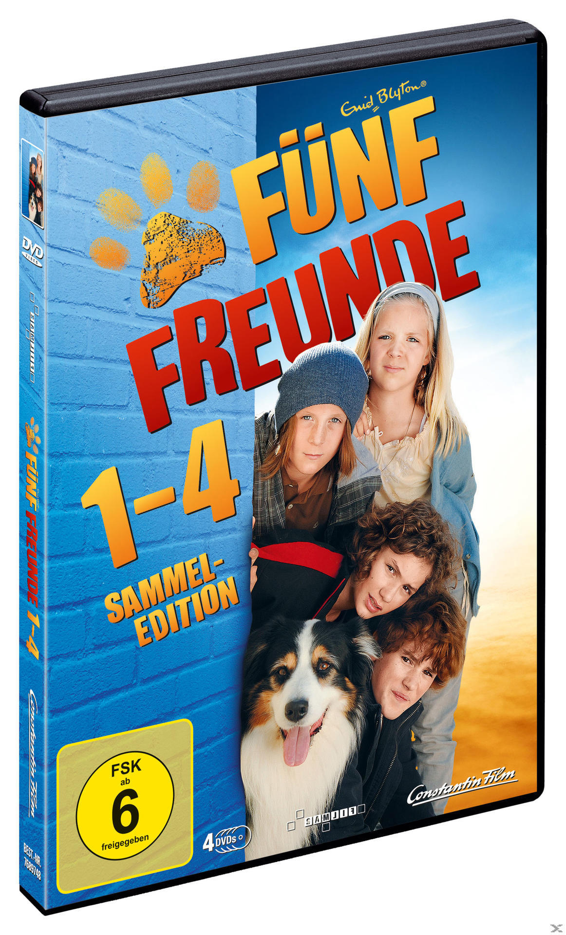 DVD-Cover 'Fünf Freunde 1-4'. Zeigt eine Gruppe von Kindern mit einem Hund.