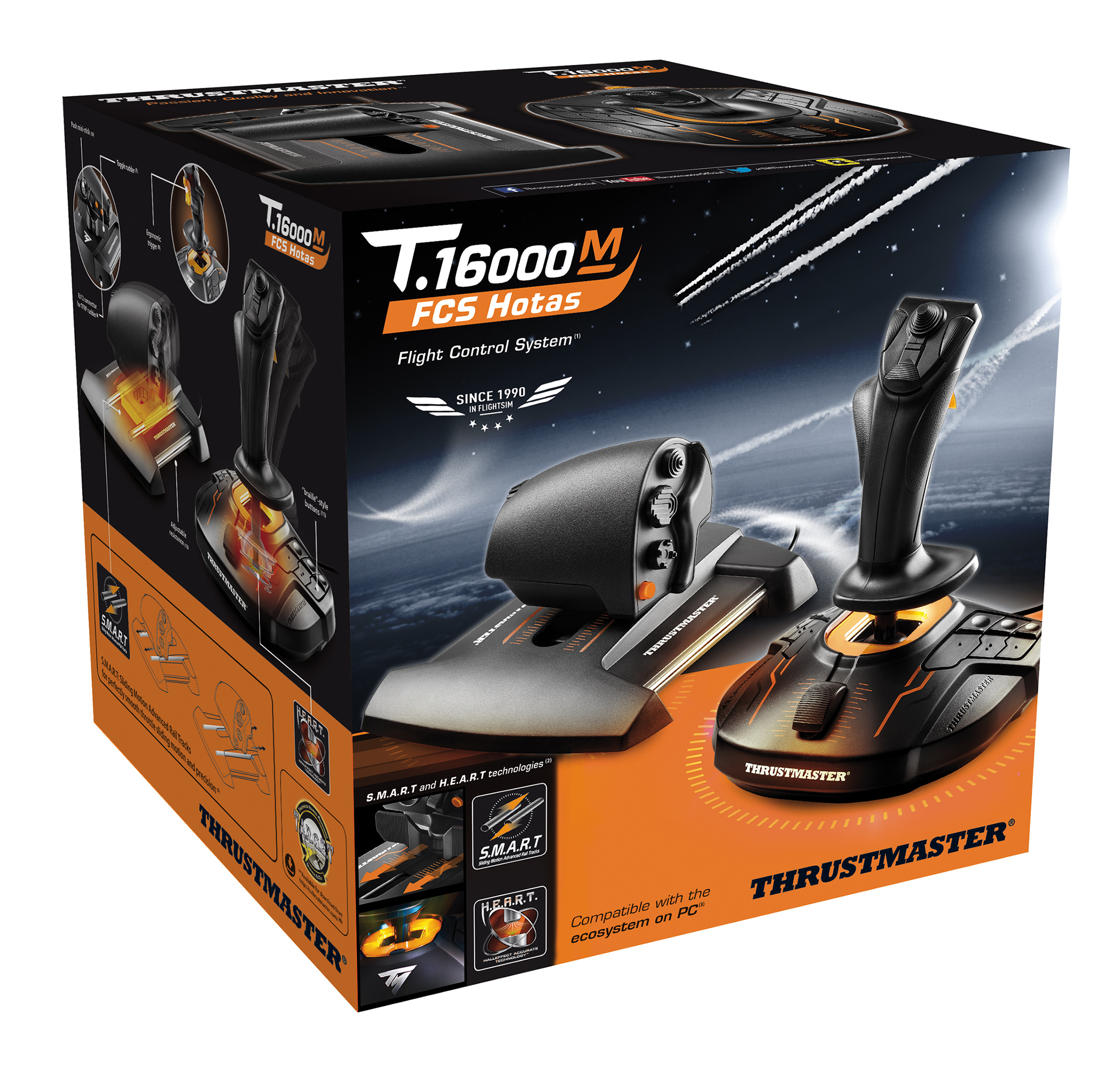 Karton mit einem Flugkontrollsystem. Es hat einen Joystick und einen Gashebel. Marke ist Thrustmaster.