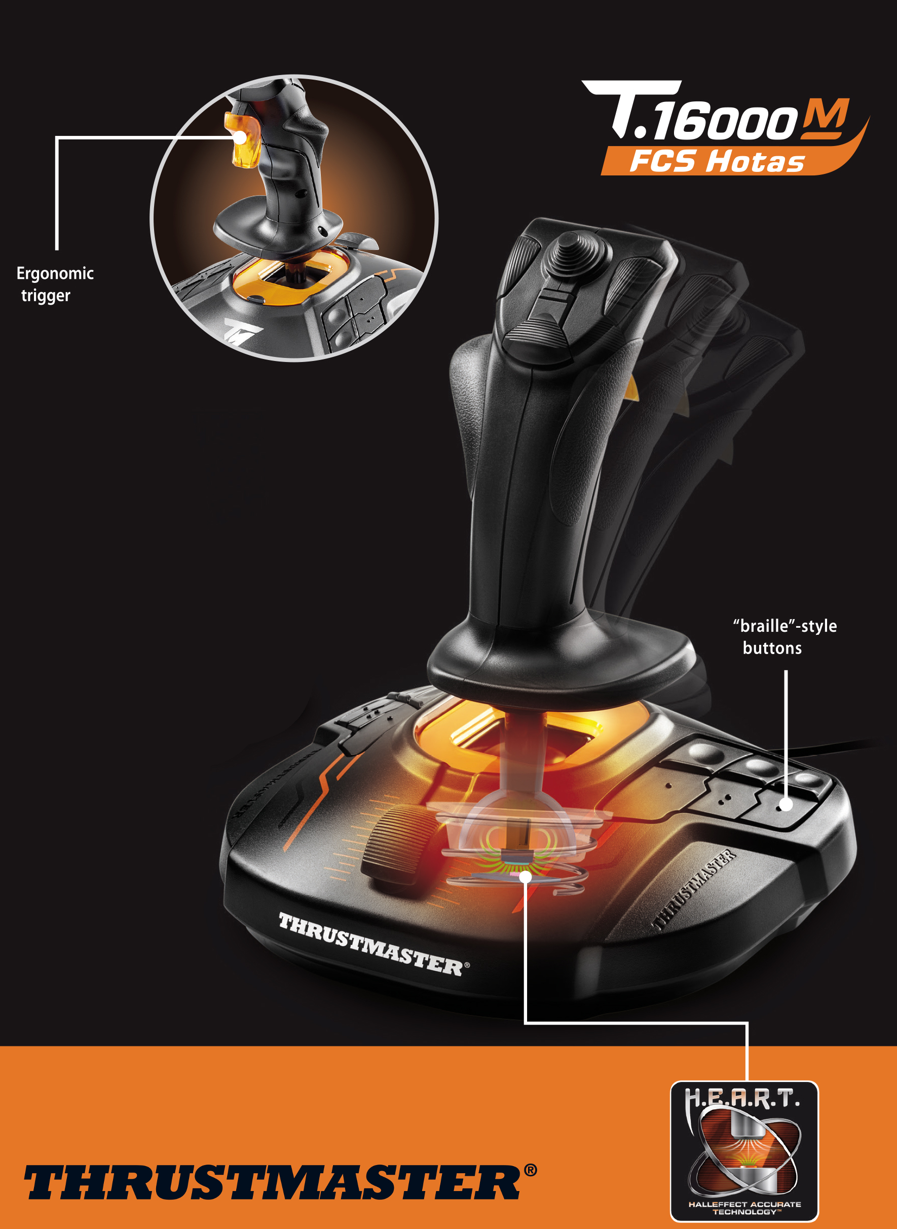 Ein schwarzer Joystick mit orangefarbenen Akzenten. Zeigt ergonomischen Auslöser und 'Braille'-Tasten.