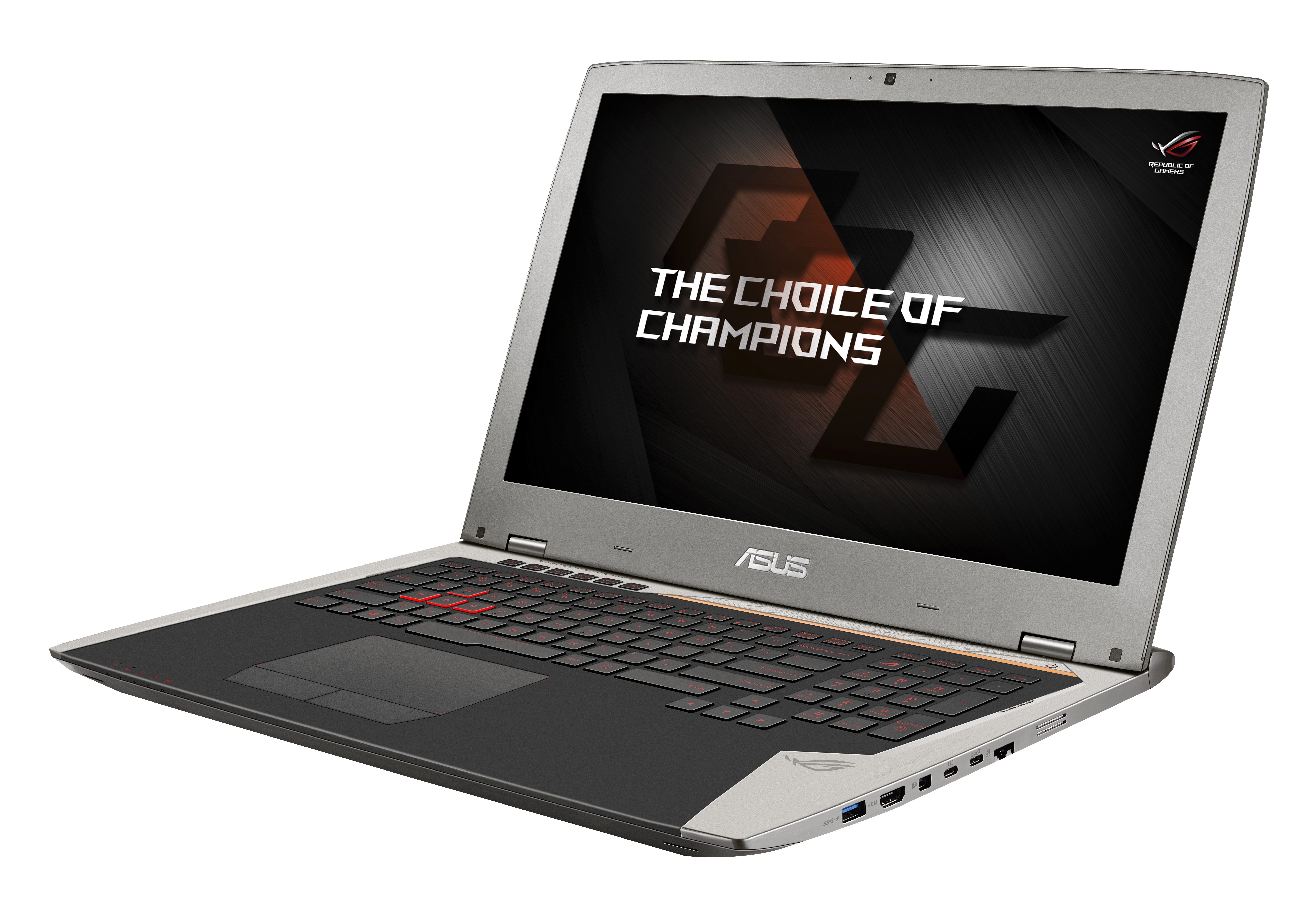 Laptop mit schwarzer Tastatur und Bildschirm mit "THE CHOICE OF CHAMPIONS".