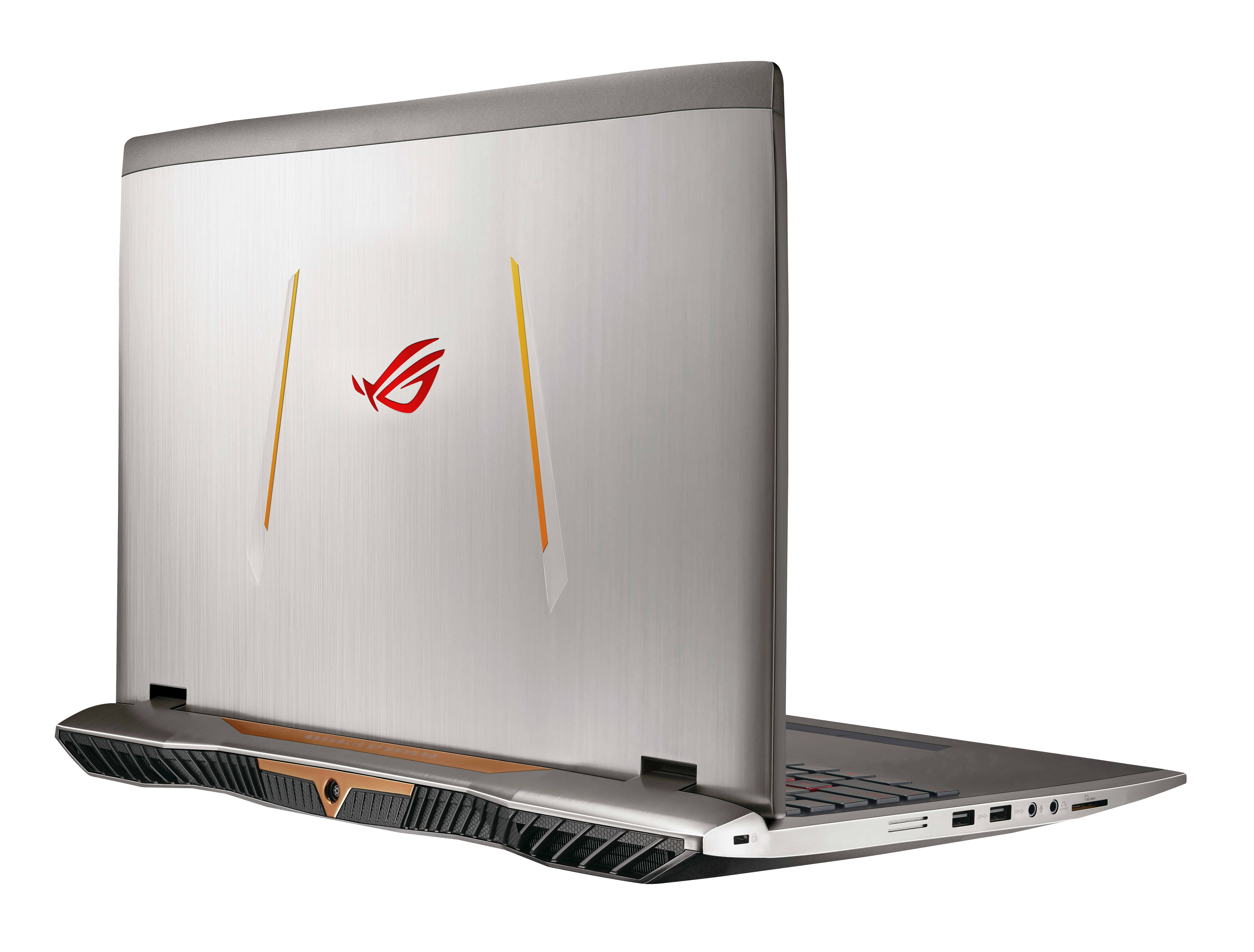 Silberner Laptop mit rotem Logo, geöffnet, weißer Hintergrund.