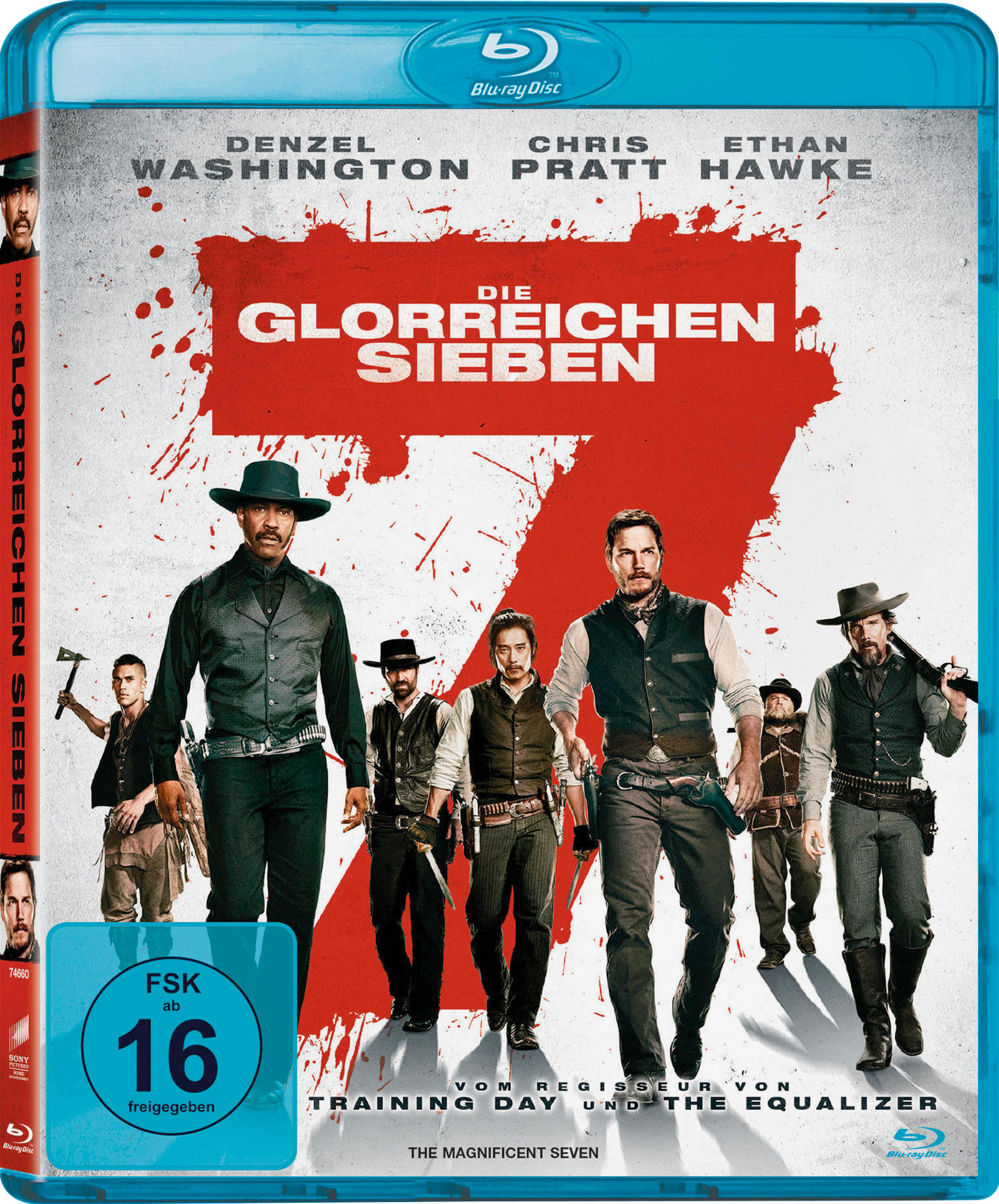 DVD-Cover von 'Die glorreichen Sieben' mit sieben Männern, roter Titel.