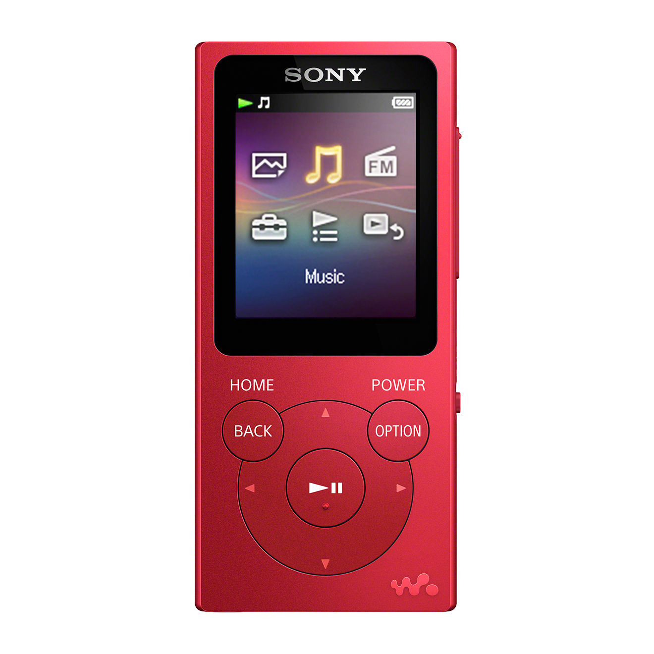Roter Sony MP3-Player mit Farbbildschirm. Zeigt Musiksymbole und Navigationstasten.