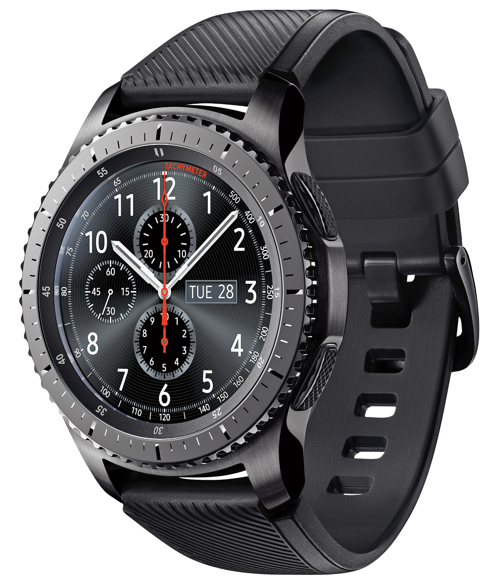 Reloj inteligente negro con esfera gris oscuro, correa negra y bisel plateado. El reloj está inclinado.