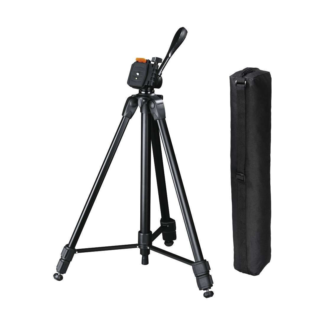 Schwarzes Stativ mit Kamerahalterung, einer Tragetasche und drei Beinen, auf weißem Hintergrund.