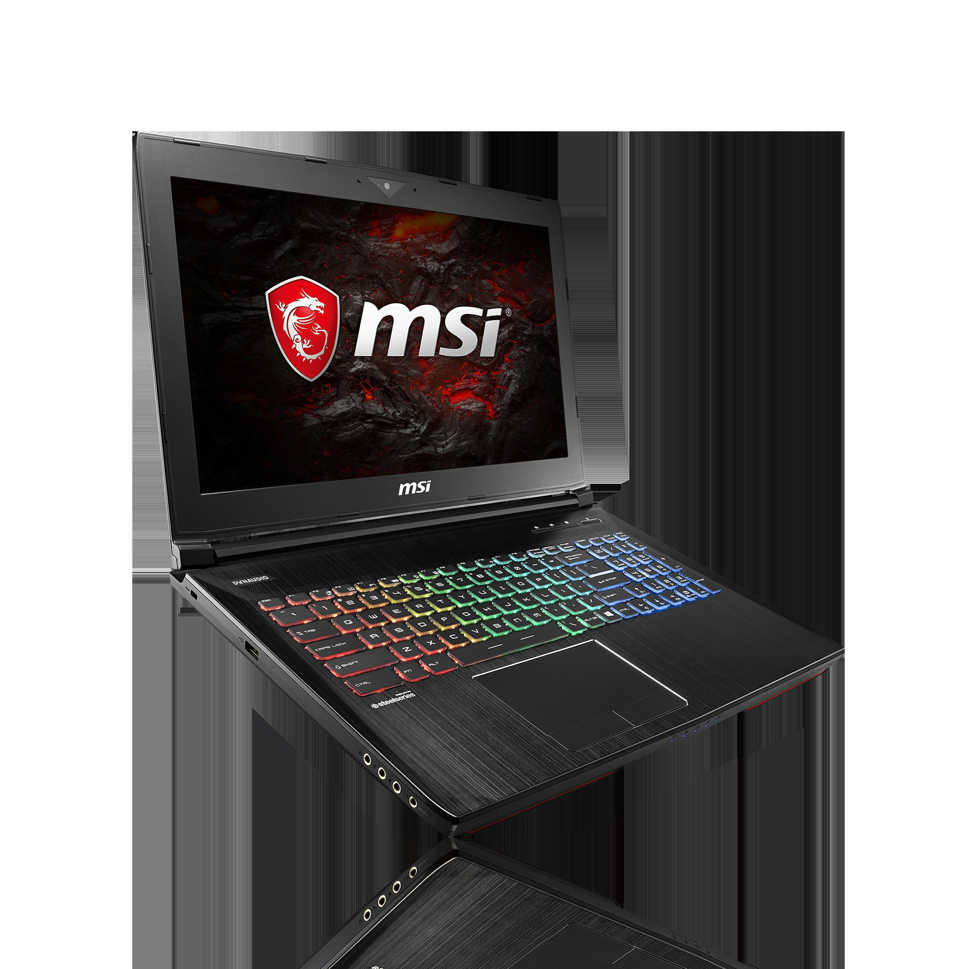 Schwarzer MSI-Laptop mit farbenfroher Tastatur. Der Bildschirm zeigt ein rotes MSI-Logo.