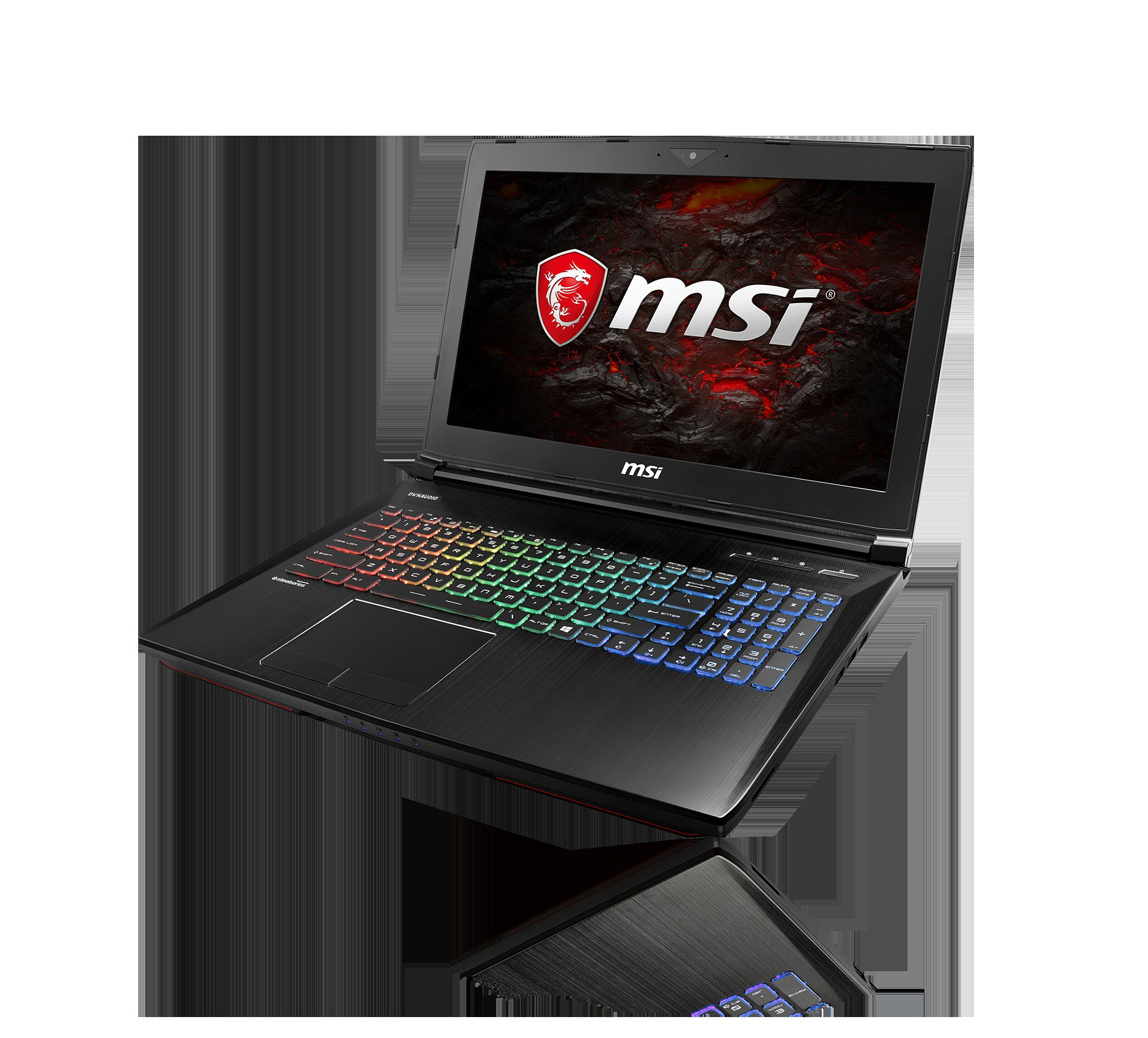 Ein schwarzer MSI-Laptop mit bunter Tastatur und rotem, beleuchtetem Logo auf dem Deckel, das sich auf der Oberfläche spiegelt.