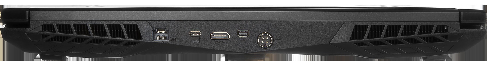 Unteransicht eines schwarzen Laptops mit Lüftungsschlitzen und Anschlüssen.