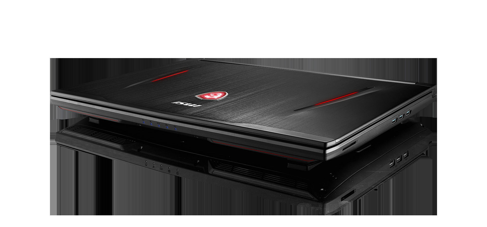 Schwarzer Laptop mit rotem Logo. Reflektierende Oberfläche. Geschlossener Deckel mit roten Akzenten. Schwarze Oberfläche.