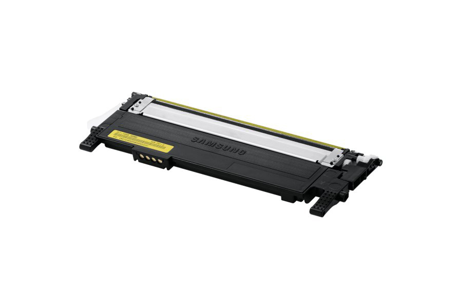 Gelb-schwarze Samsung-Drucker-Tonerkartusche, schräge Ansicht, auf weißem Hintergrund.