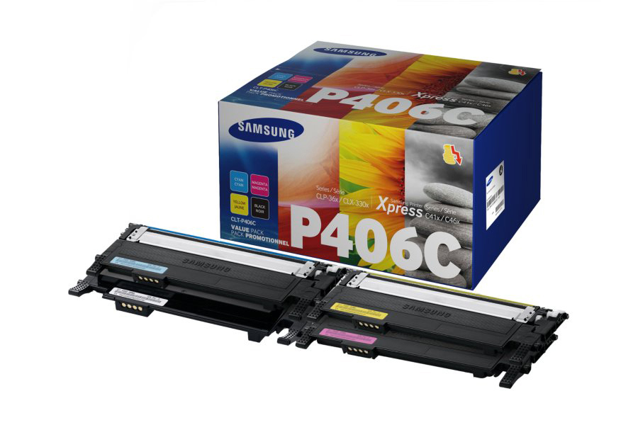 Samsung P406C Farbdruckerpatronen. Eine Kartuschenbox und zwei geöffnete Packungen sind im Bild.