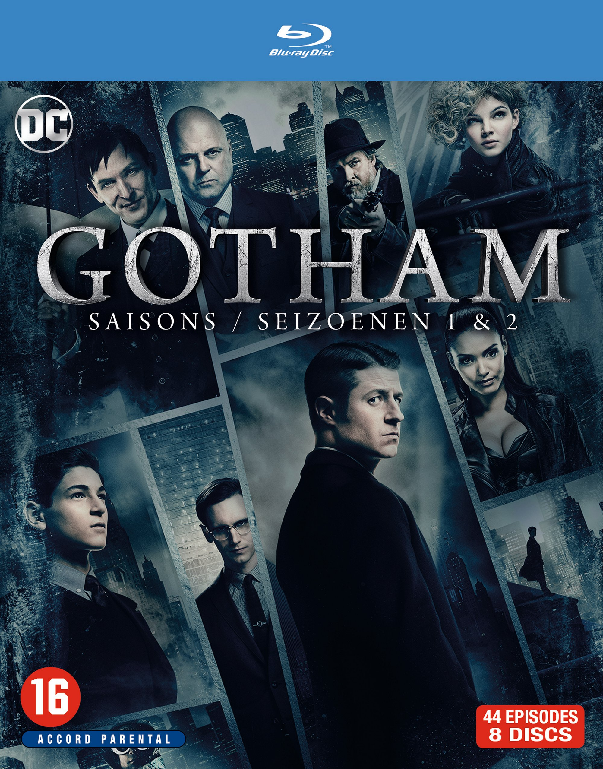 DVD cover for Gotham seasons 1 & 2. Features multiple characters from the show. Dark background.