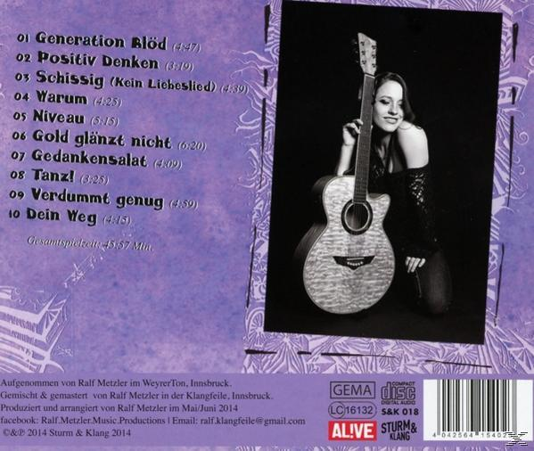 CD-Rückseite, eine Frau mit Gitarre, mit Songtiteln und Text.