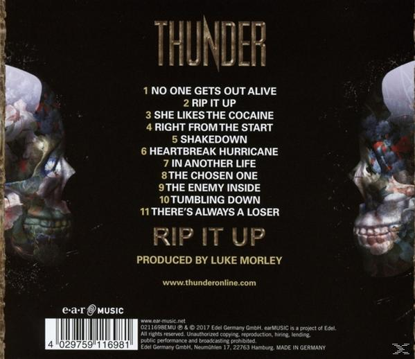 CD-Cover für das Album 'Rip It Up' von Thunder. Enthält Schädel-Artwork und Trackliste.