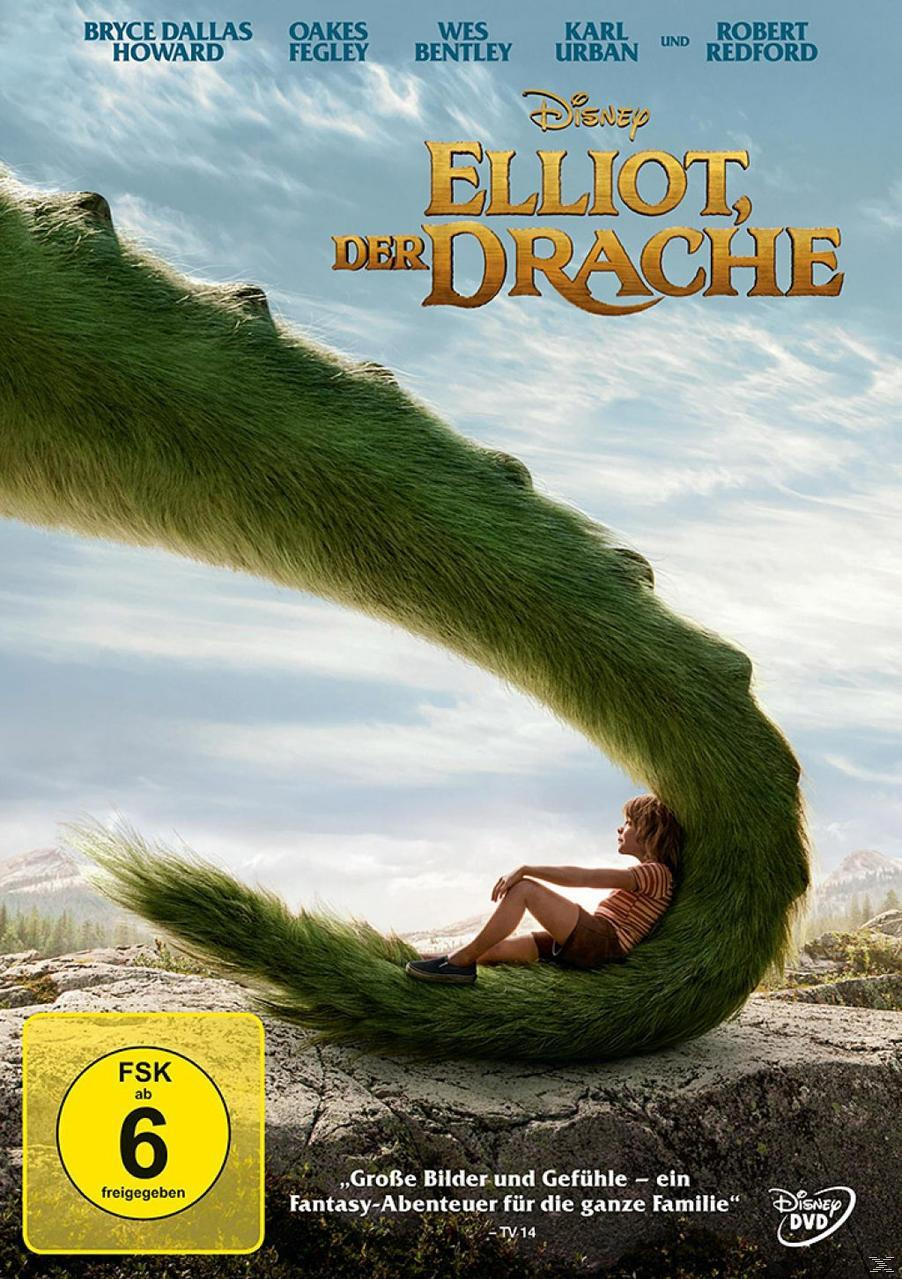 Filmplakat: Junge sitzt am Bein eines grünen Drachen. Titel: Elliot, der Drache.