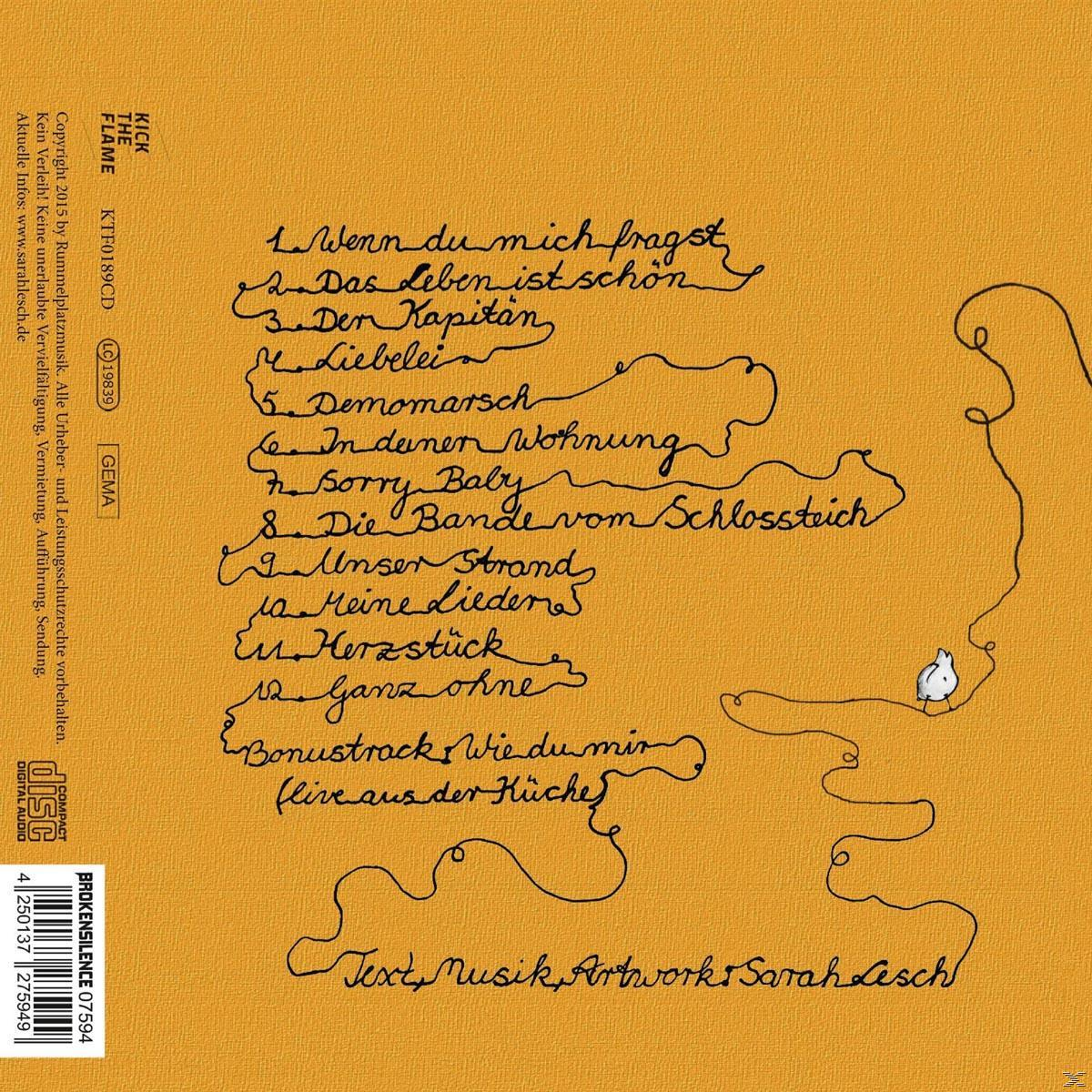 Albumcover mit handgeschriebenen deutschen Songtiteln auf orangefarbenem Hintergrund. Der Titel lautet "Kick the Flame".