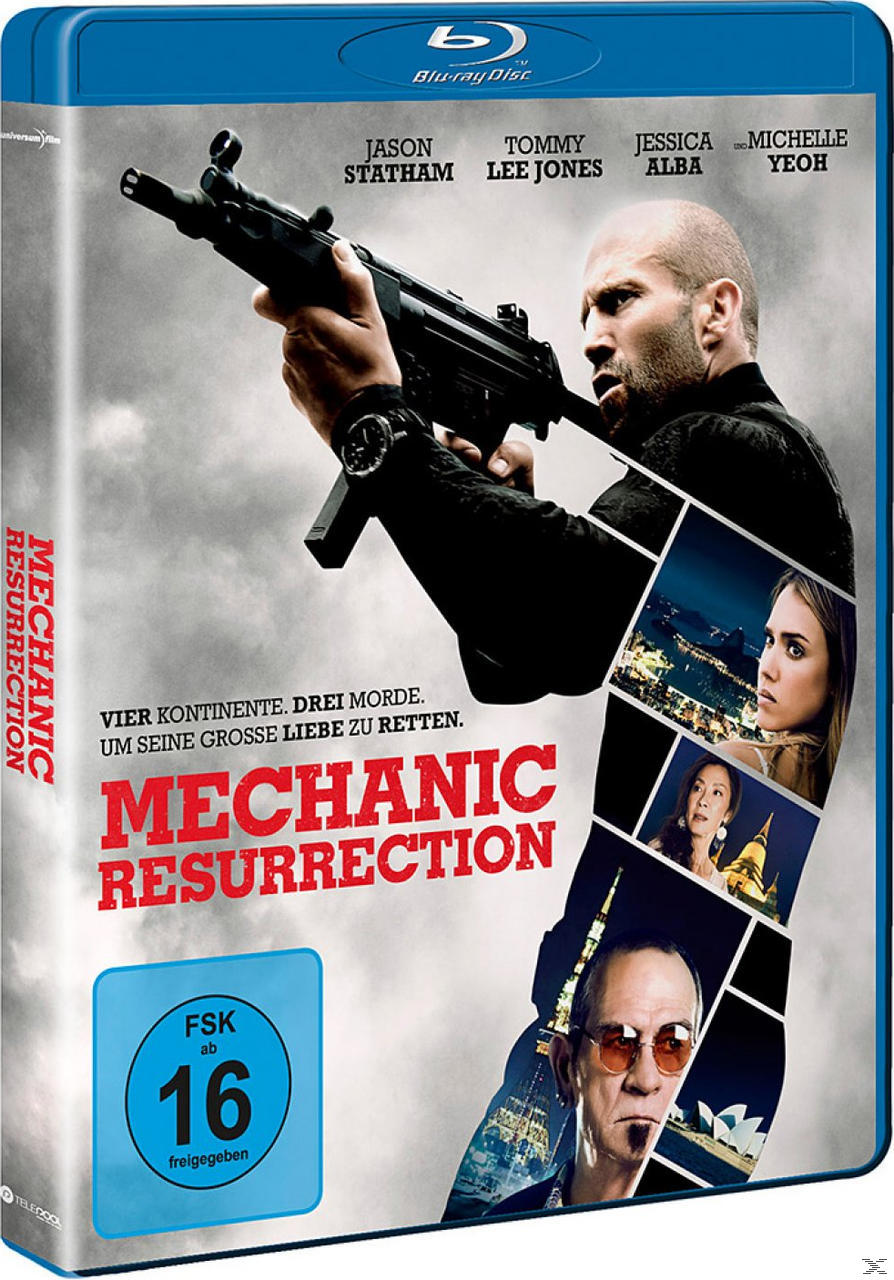 Filmcover für Mechanic: Resurrection. Jason Statham hält eine Waffe. Andere Schauspieler und Stadtlandschaften im Hintergrund.