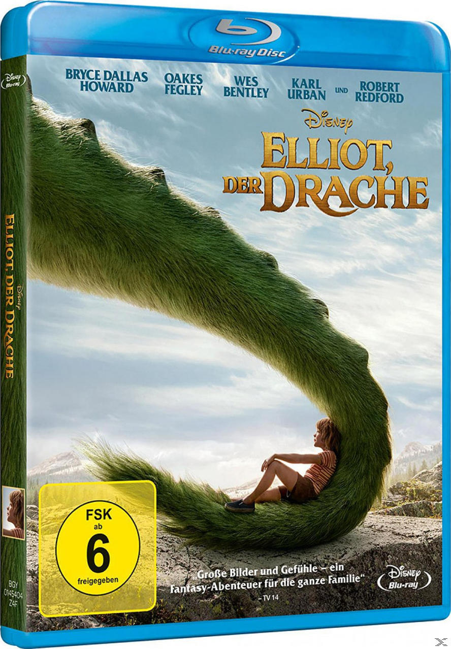 Blu-ray-Cover für "Elliot, Der Drache" mit einem Jungen, der auf dem Schwanz eines Drachen sitzt.