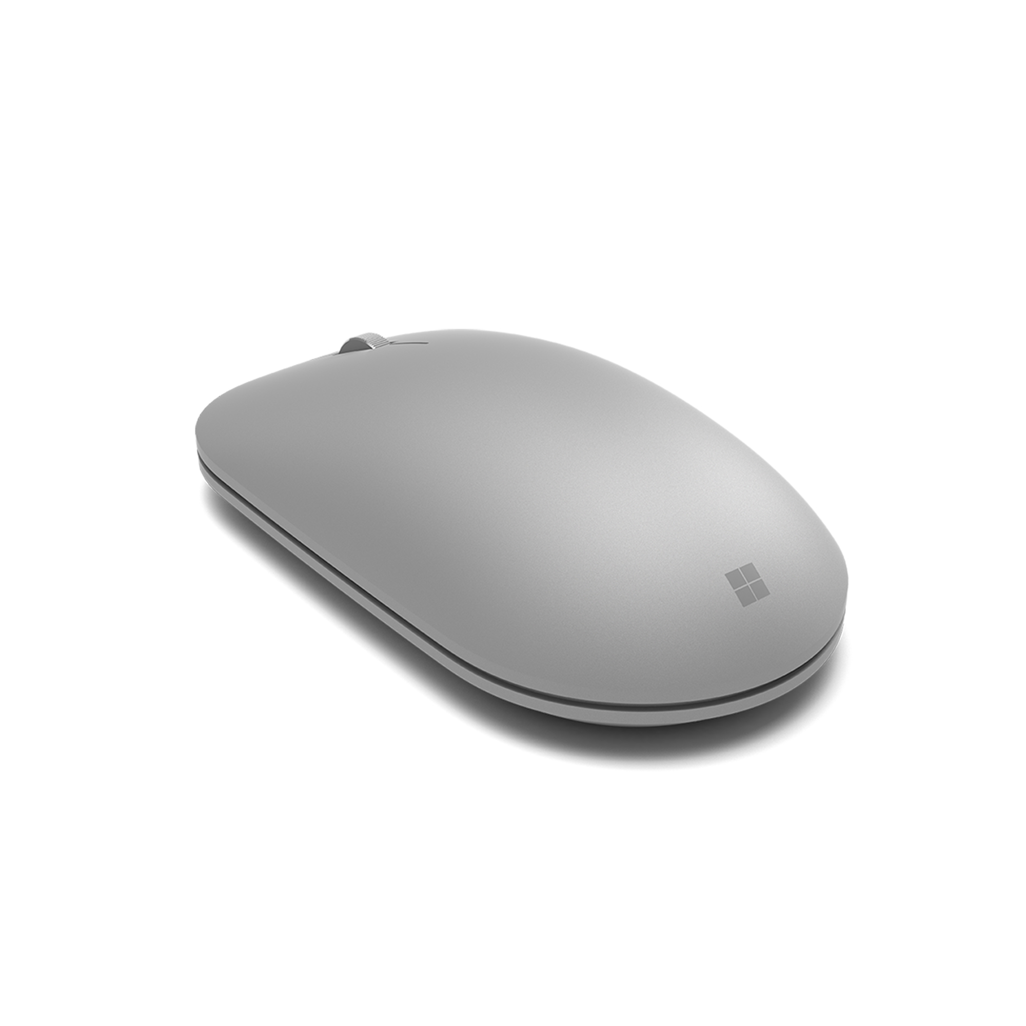 Graue Microsoft-Maus. Die Maus hat eine ovale Form mit kleinem Logo und schwarzem Rand.