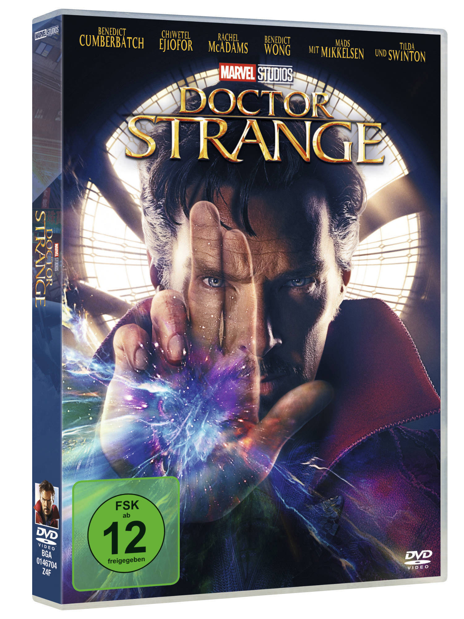 DVD-Cover: Doctor Strange. Mann mit leuchtender Hand, umgeben von Wirbeln. Filmtitel oben.