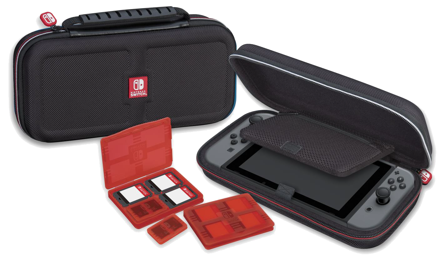 Nintendo Switch-hoes en accessoires. Zwarte hoes, open met Switch erin, rode gamecardhouders, Switch-logo.