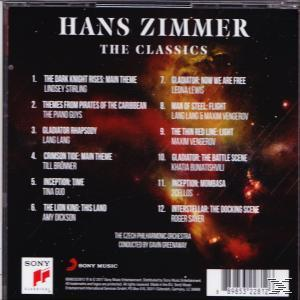 CD-Rückseite mit Titelliste von Hans Zimmers The Classics, dunkler Hintergrund mit einem Gesicht.