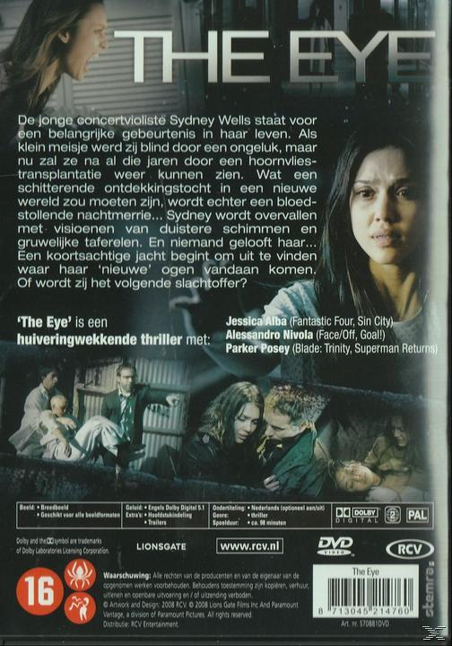 DVD-hoes voor de film 'The Eye', met Jessica Alba en tekst in een vreemde taal.