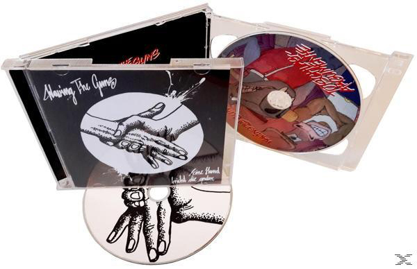 CDs in Hüllen, eine offen. Handgezeichnete Grafik auf den Hüllen.