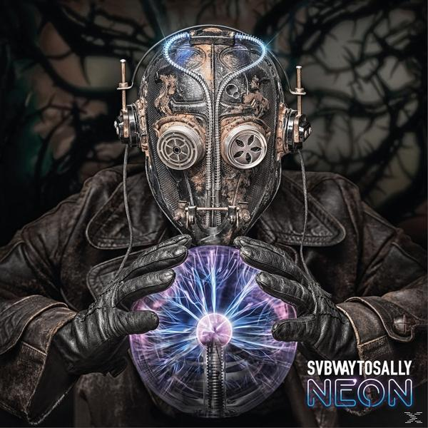 Eine Person mit Steampunk-Helm hält eine leuchtende Kugel, mit Neon-Text 'SVBWAYTOSALLY NEON'.