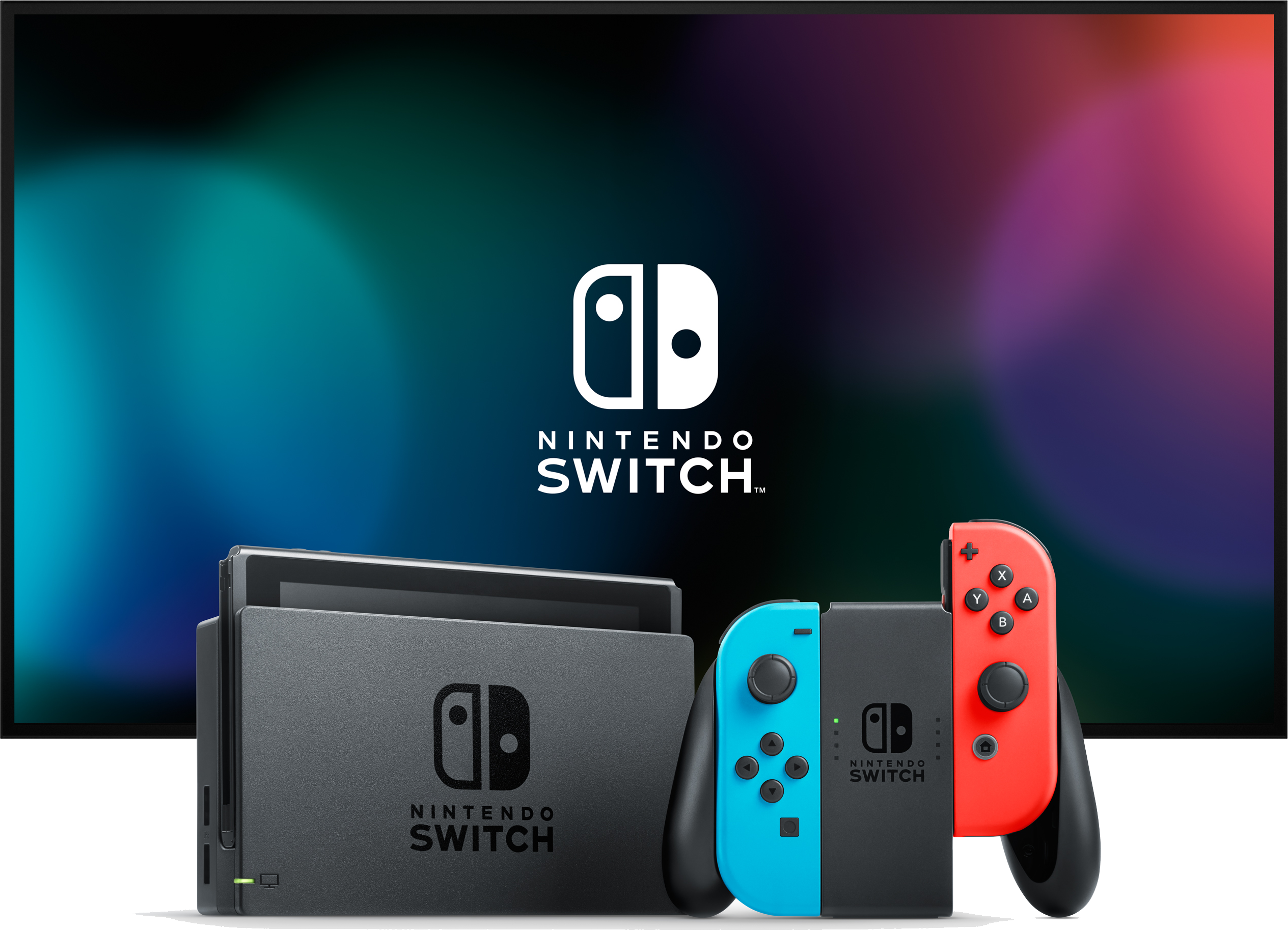 Nintendo Switch-Konsole mit Controllern vor einem Bildschirm.