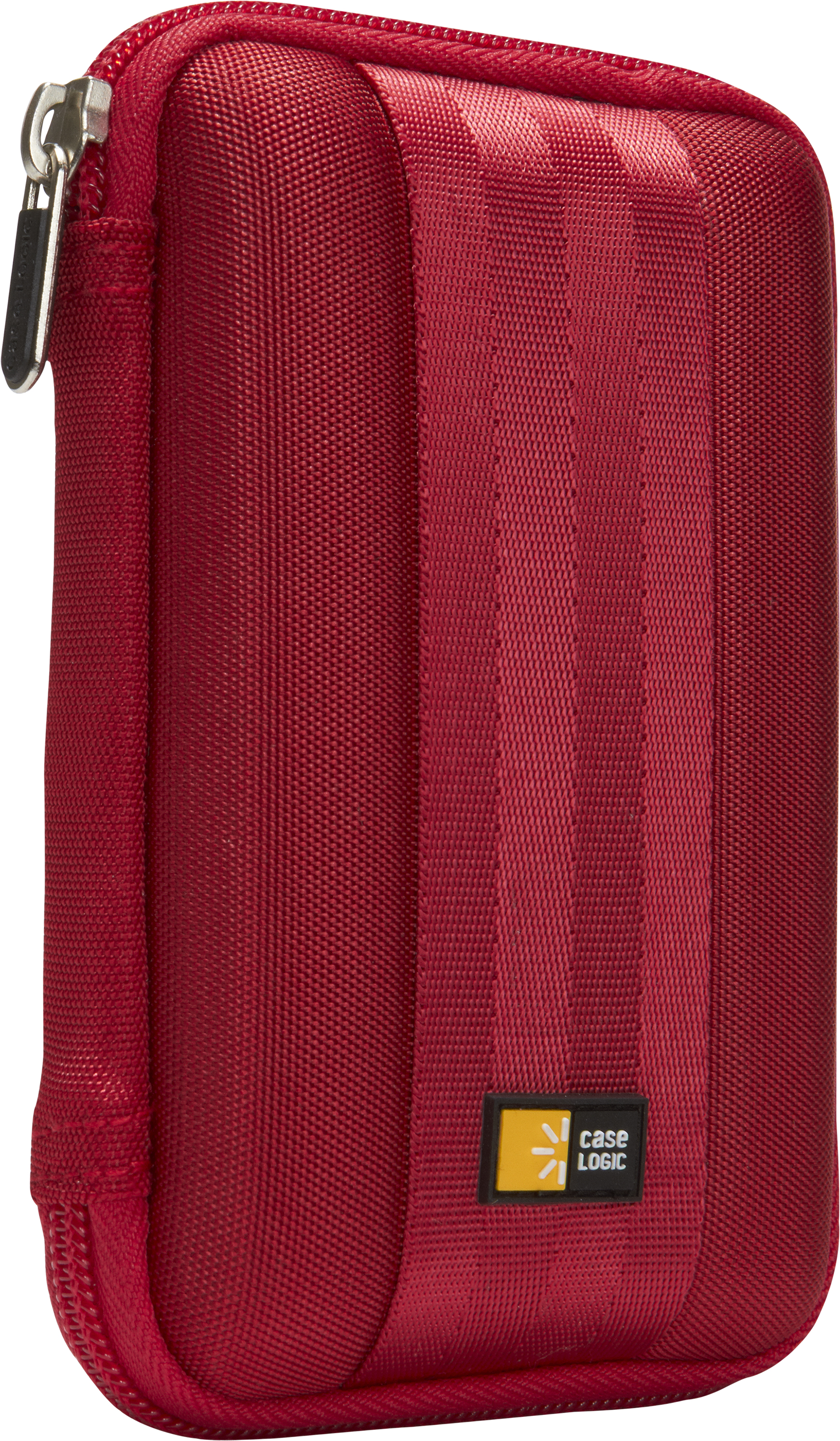 A red, zippered case with a Case Logic logo. Vertical stripes on the case.
