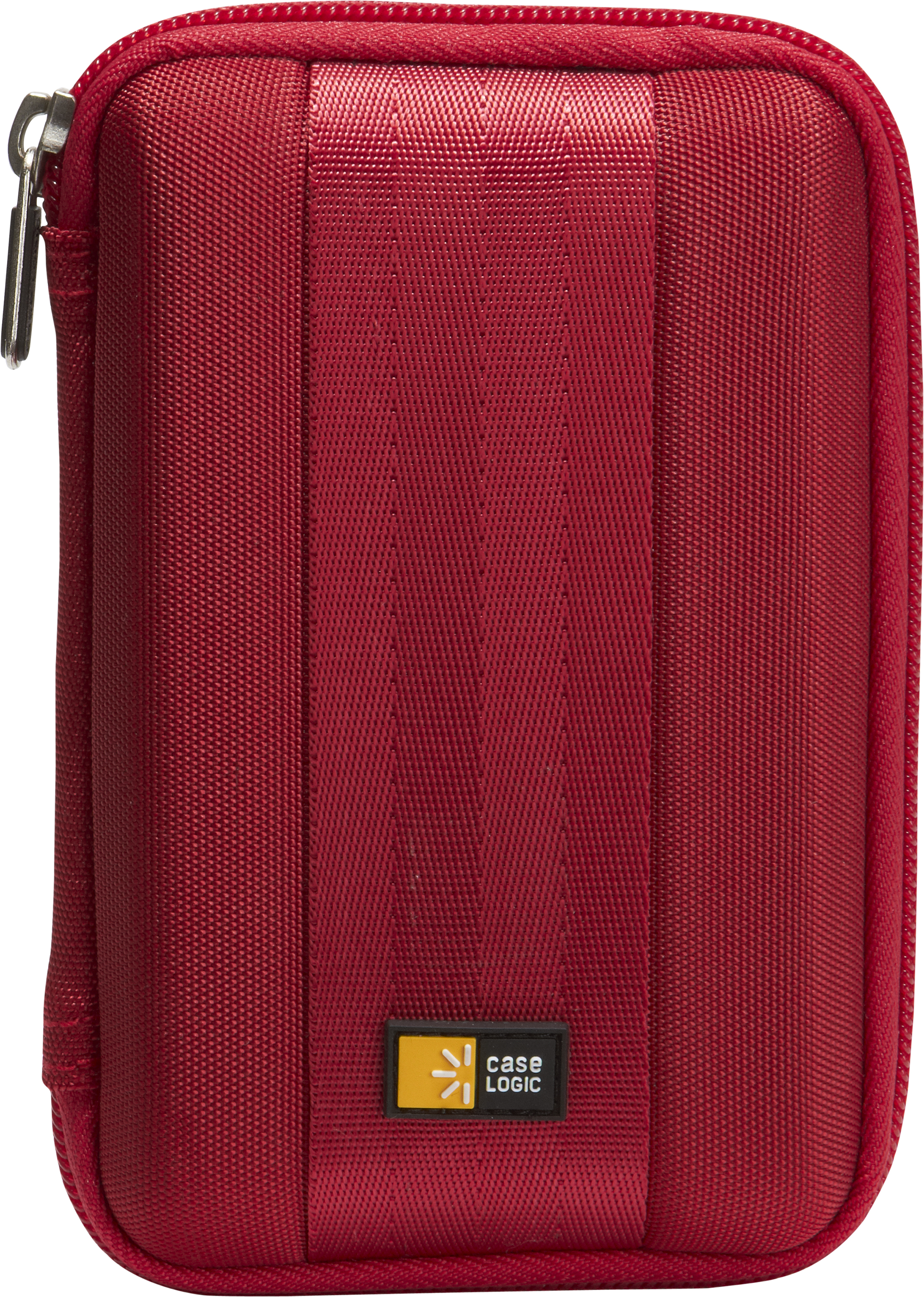Red Case Logic case. Zippered closure, vertical stripes, and a small logo. For electronic devices.