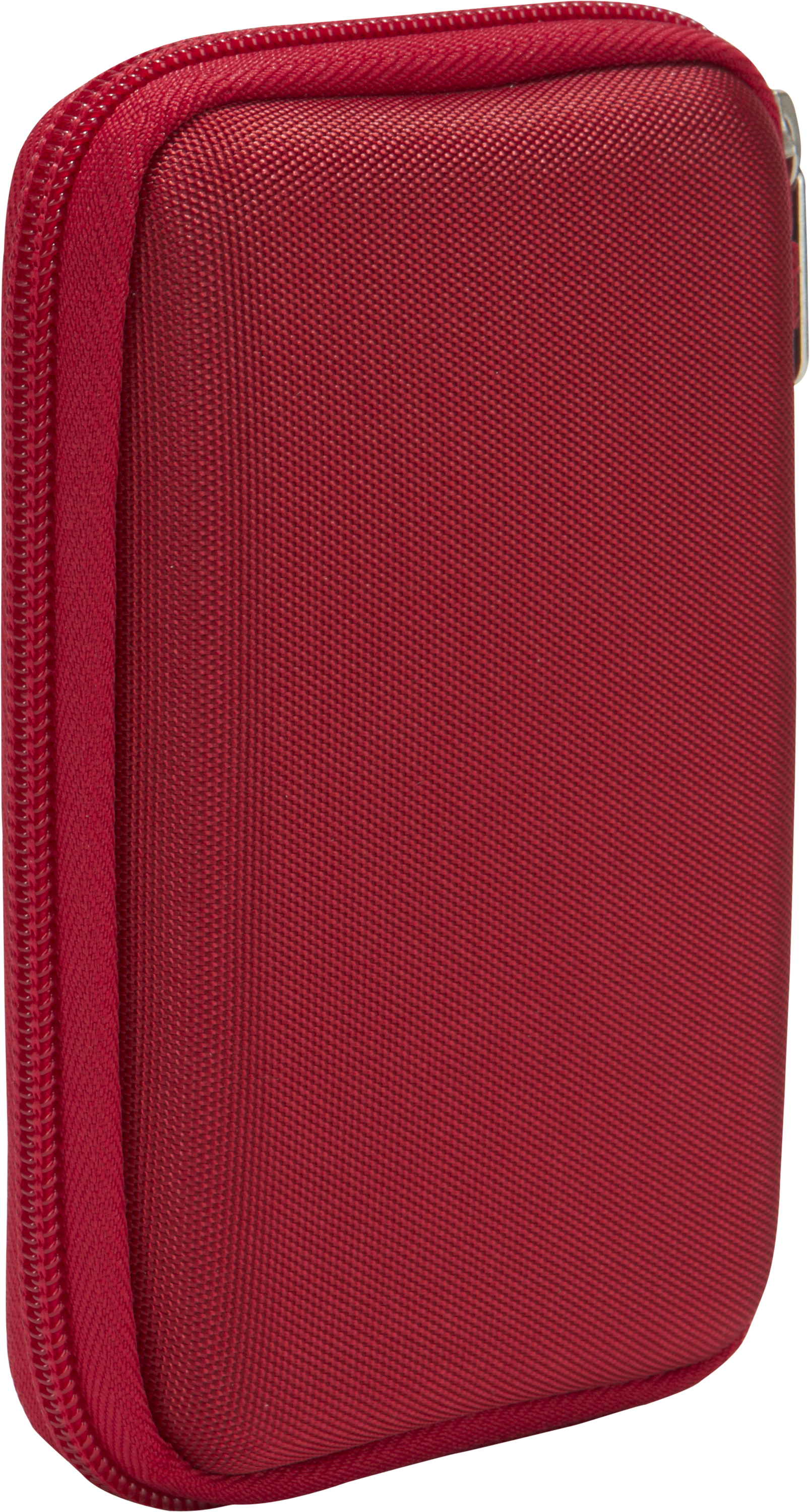 A red, rectangular, zippered case stands upright, designed to hold a small electronic device.