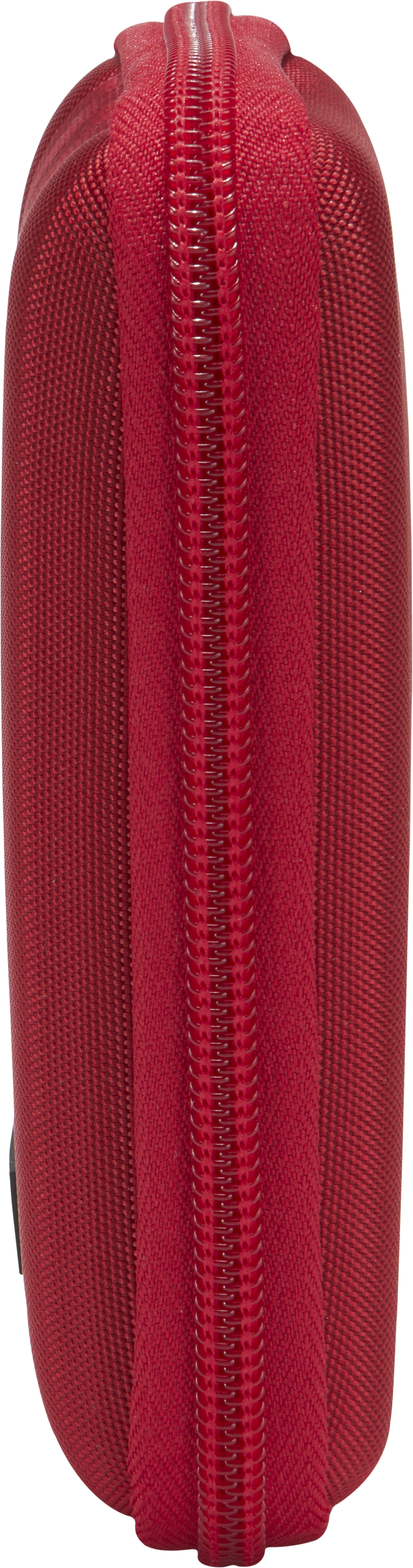 Red rectangular pencil case with a zipper running down the middle. Close-up of the zipper.
