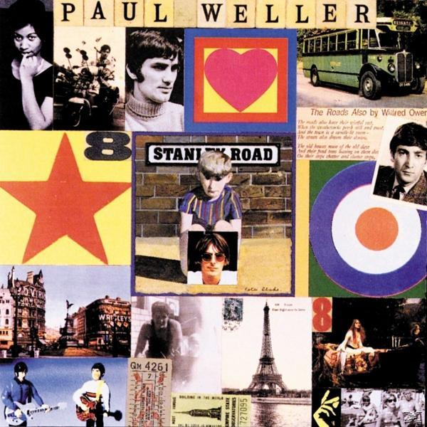 Albumcover mit verschiedenen Bildern, darunter Paul Weller, ein roter Stern, ein Herz und ein Bus. Collage-Stil.