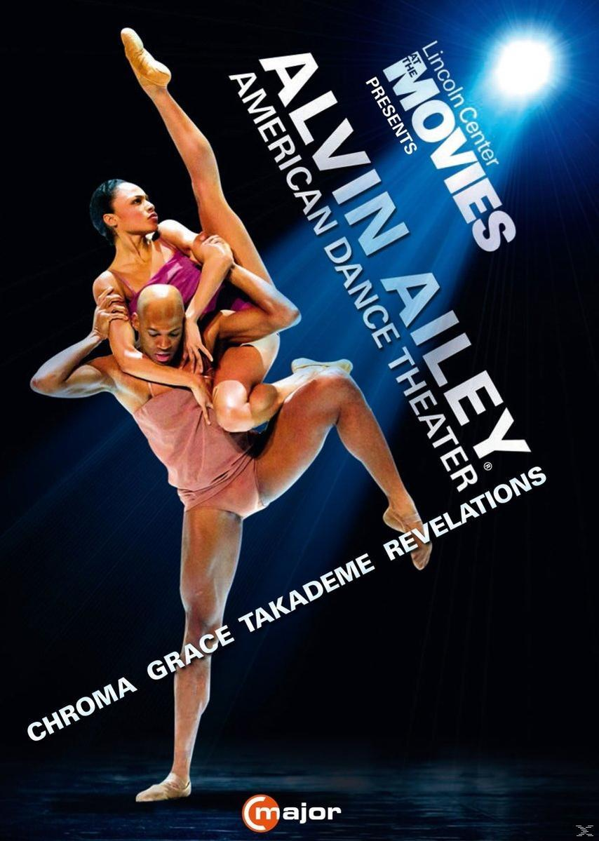 Alvin Ailey Tanzplakat. Zwei Tänzer in der Luft. Dunkler Hintergrund mit Scheinwerfern.