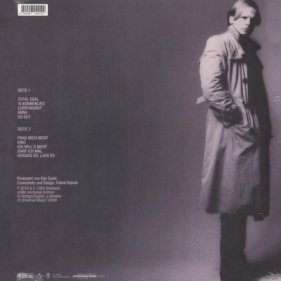 Albumcover: Mann im Trenchcoat. Titelliste und Produktionsangaben sind links sichtbar.