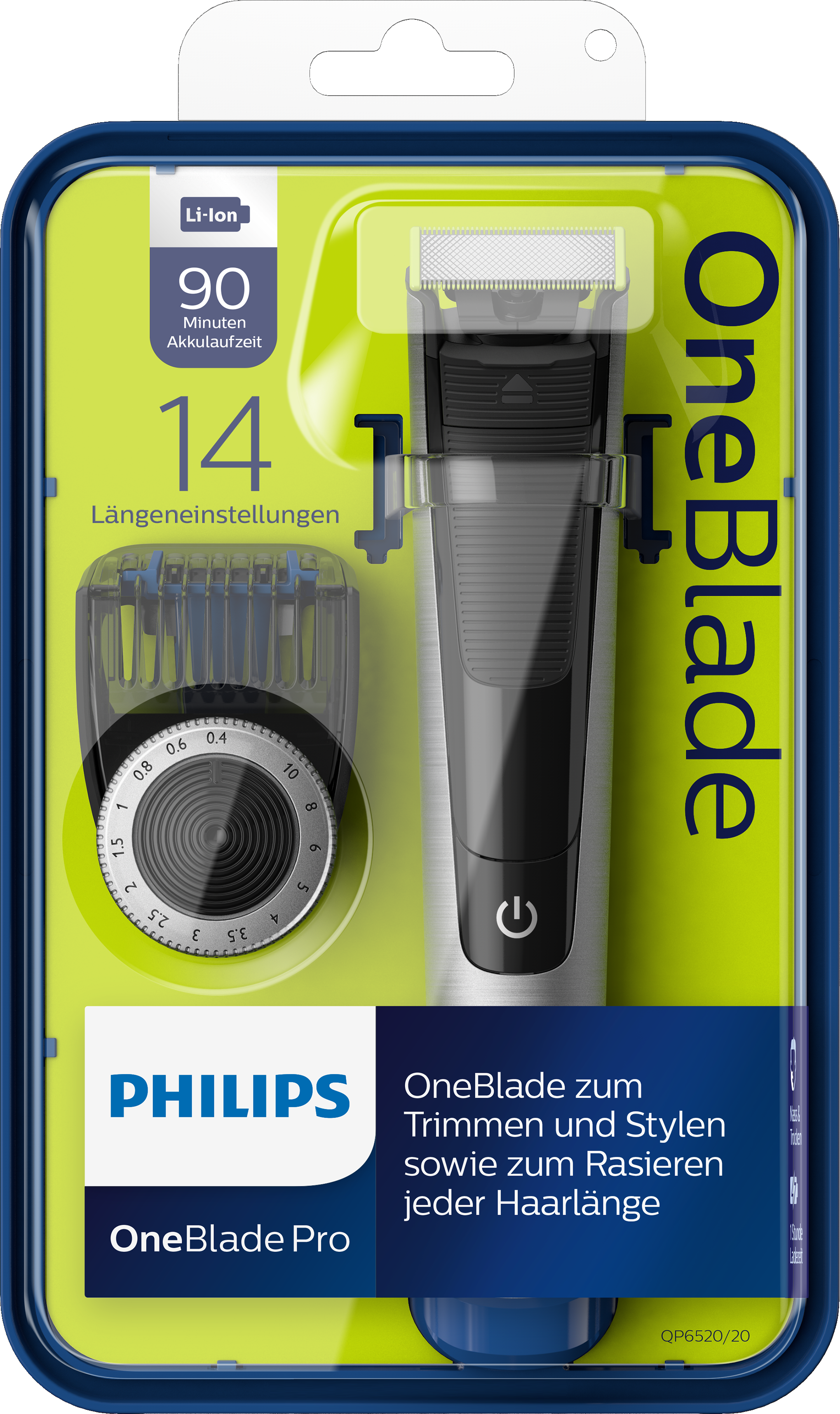 PHILIPS OneBlade Pro QP6520/20 Trimmen, Stylen, Präzisionskamm (14 Stufen) Barttrimmer QP6520